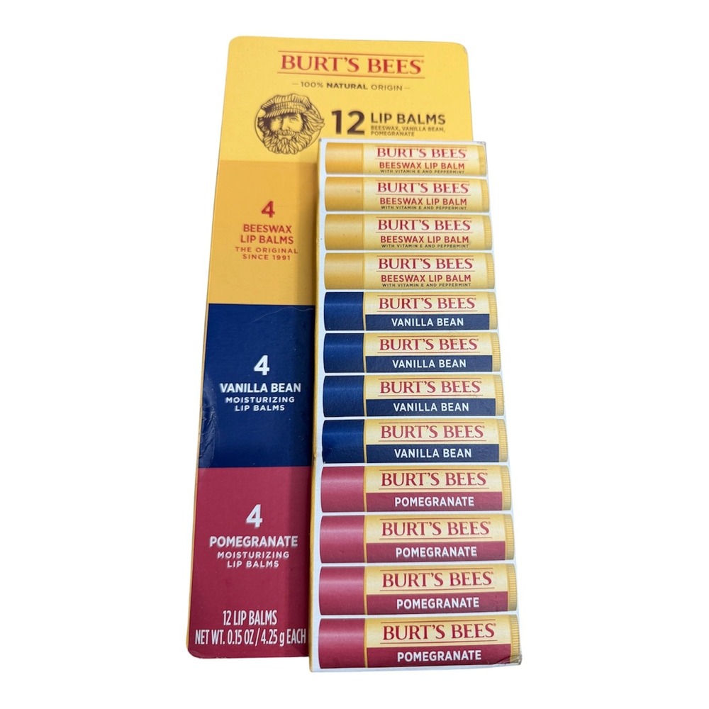 Burt's Bees Lip Balm 12 Pack Beeswax Vanilla Bean Pomegranate 0.15oz Tubes